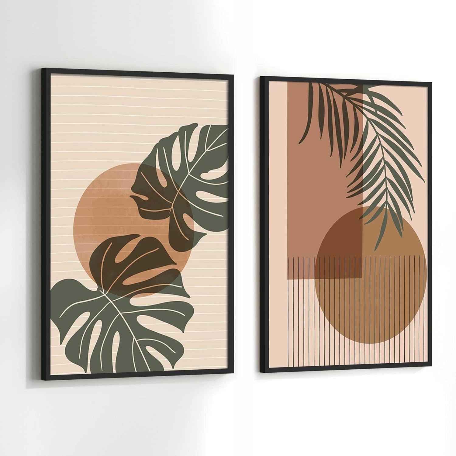 Quadros Decorativos com Moldura Folhas Abstrato Marrom Verde - Kit com 2 Peças 40x60cm