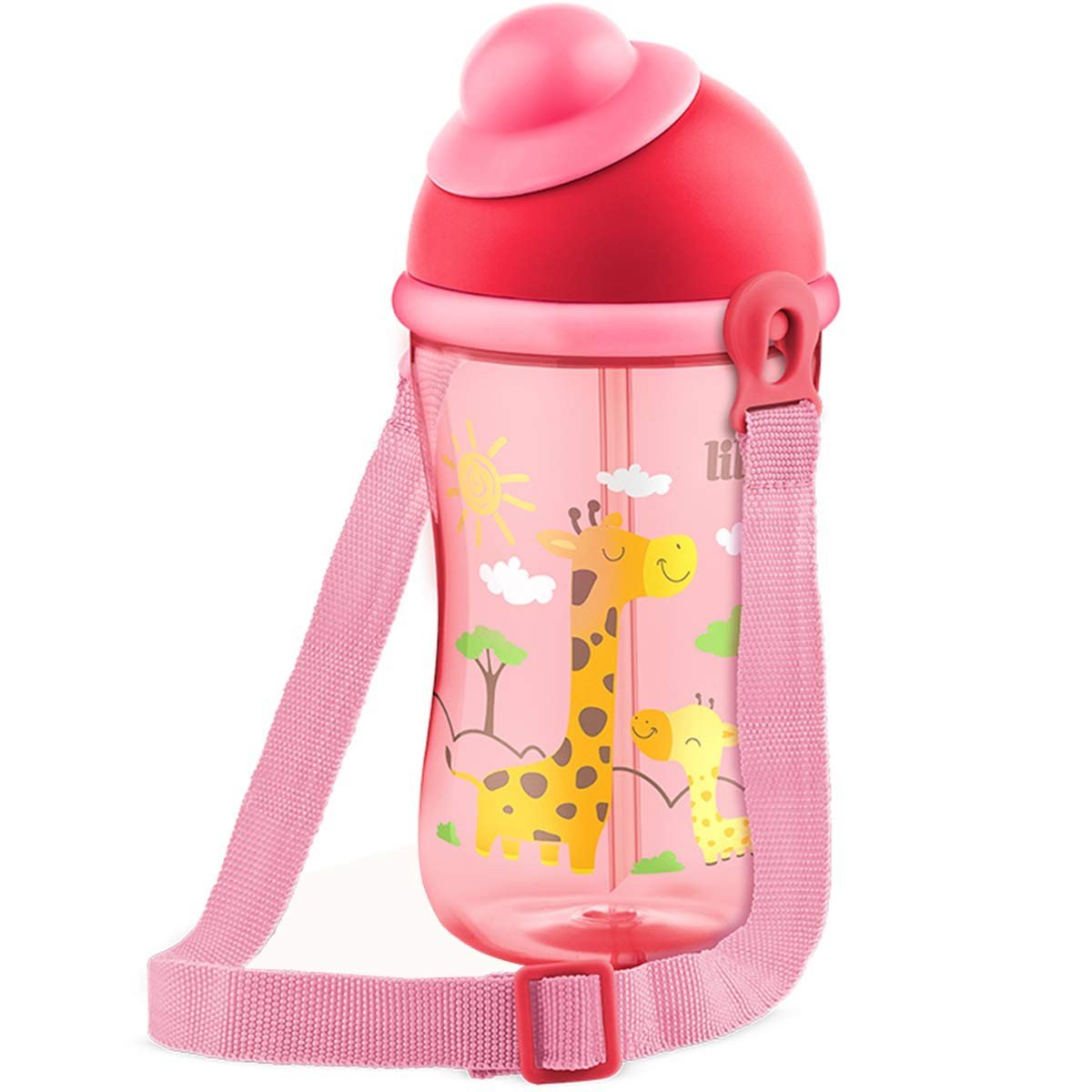 Copo Cantil Lillo Decorado com Canudo em Silicone - Rosa 390ml | Ideal para Crianças a Partir de 1 Ano