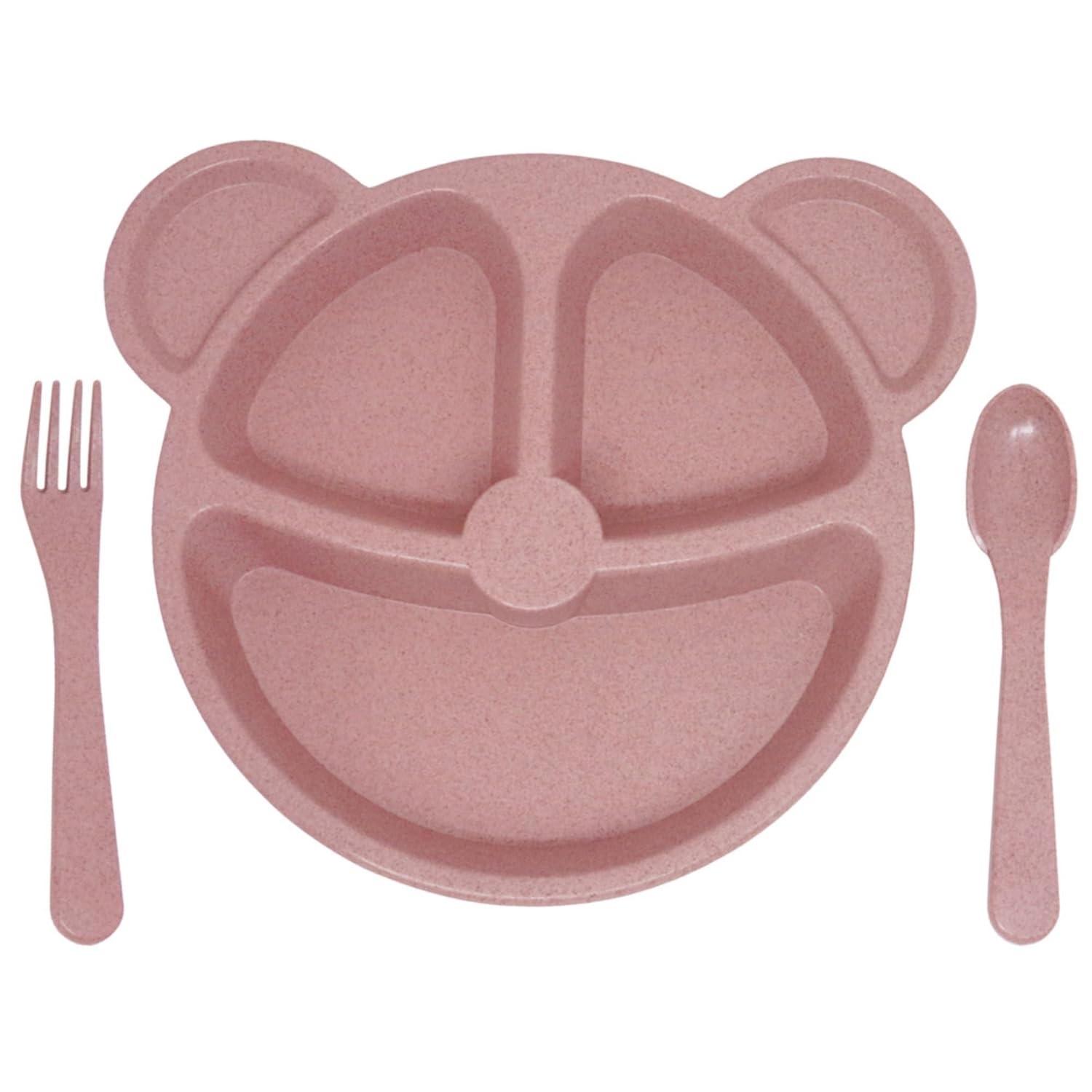 Prato com Divisória + Talheres Infantil Rosa - BLW Urso para Introdução Alimentar Segura