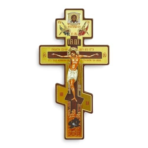 Cruz Ortodoxa Russa de Madeira com Três Barras - Crucifixo Bizantino 20cm para Decoração Religiosa