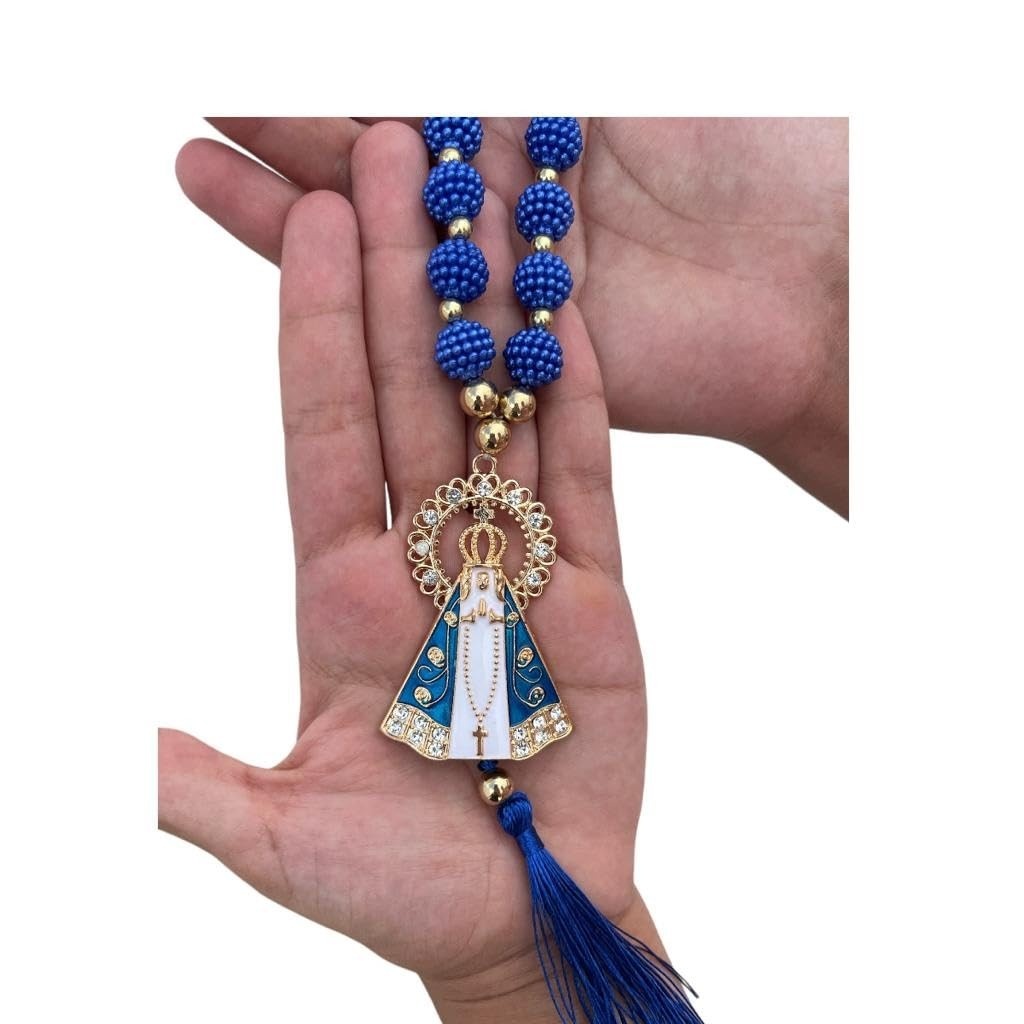 Enfeite Nossa Senhora Aparecida Azul Perola Craquela Com Resplendor Para Retrovisor de Carro, Porta