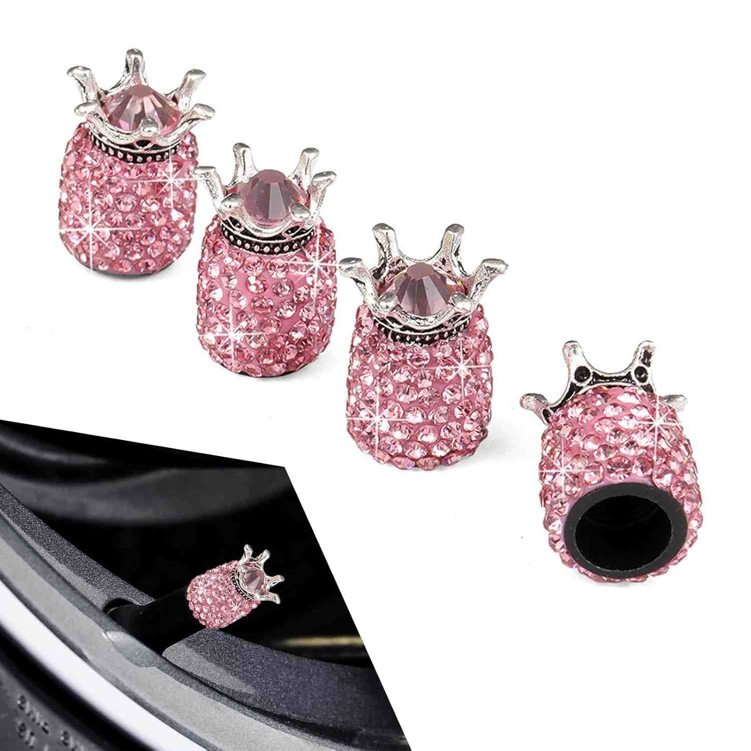 4 Tampas de Válvula Coroa com Strass de Cristal - Luxo e Proteção para seu Carro