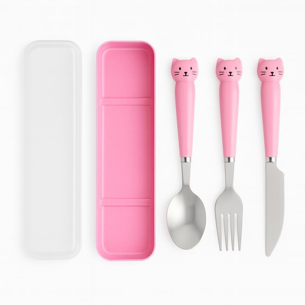 Jogo de Talheres Infantil com Gatinho Rosa - 4 Peças em Aço Inox com Estojo