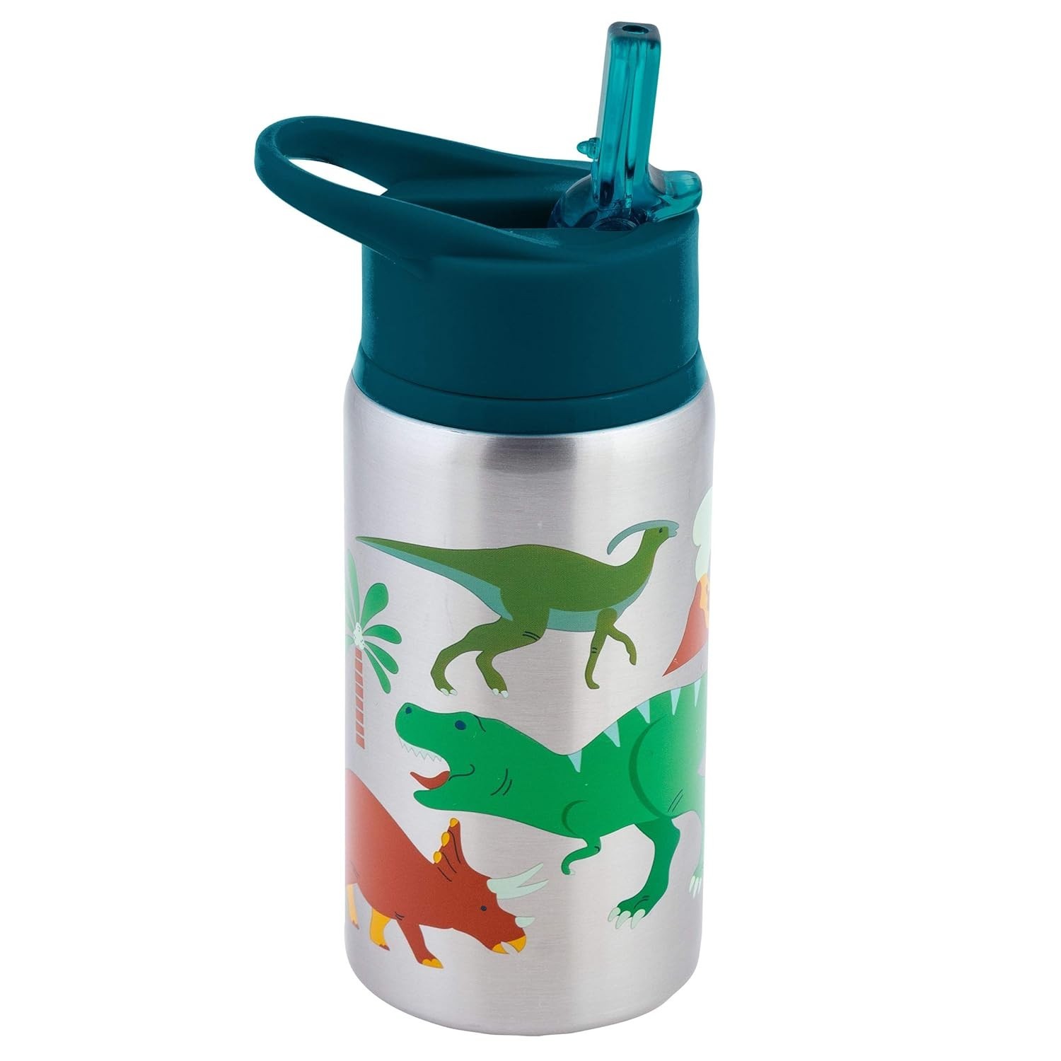 Garrafa de Água DINO em Aço Inoxidável 510g com Tampa de Palha Reutilizável - Ideal para Crianças