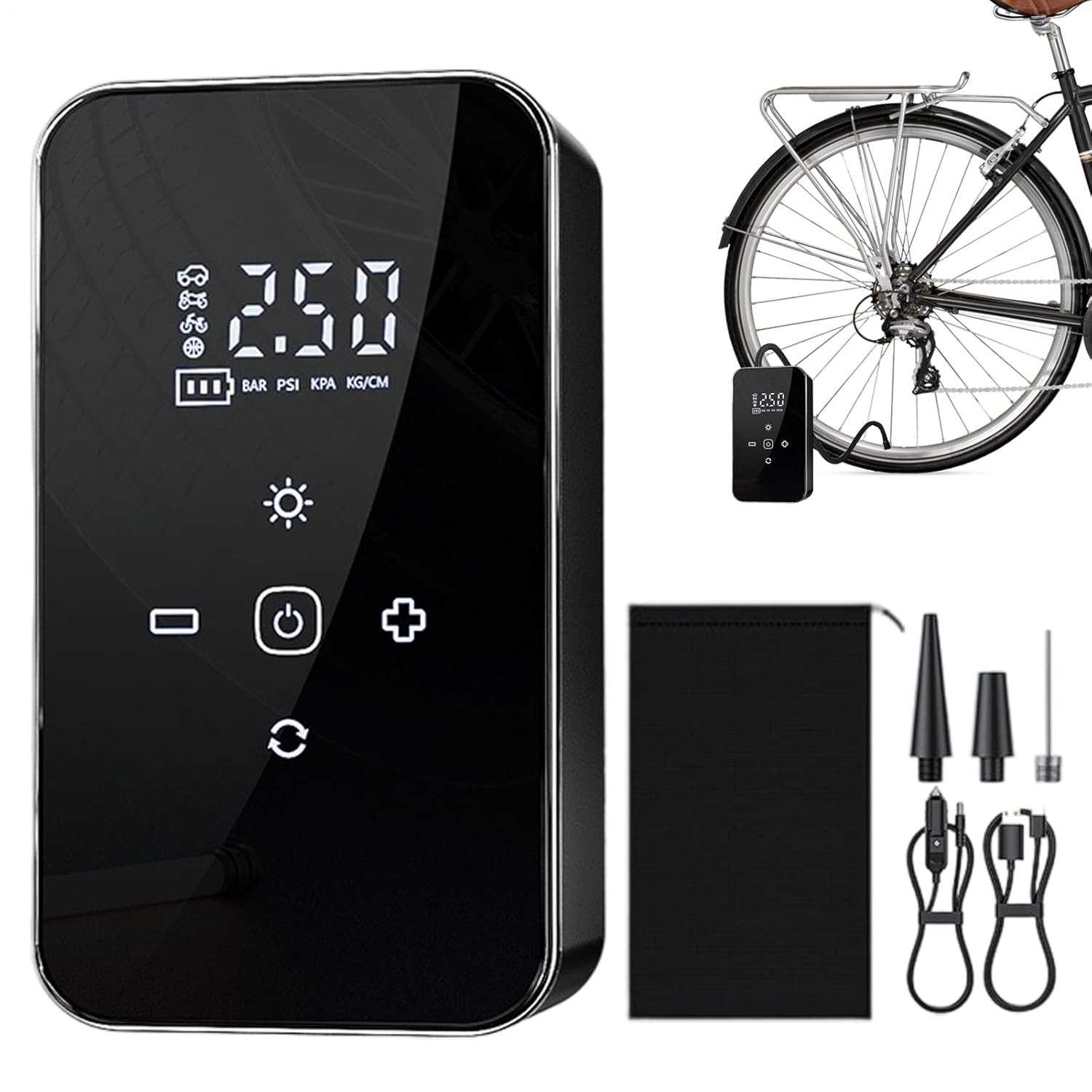 Inflador de Pneus Portátil Inteligente com Tela Touch - Compressor de Ar Recarregável para Carro, Bike e Mais!