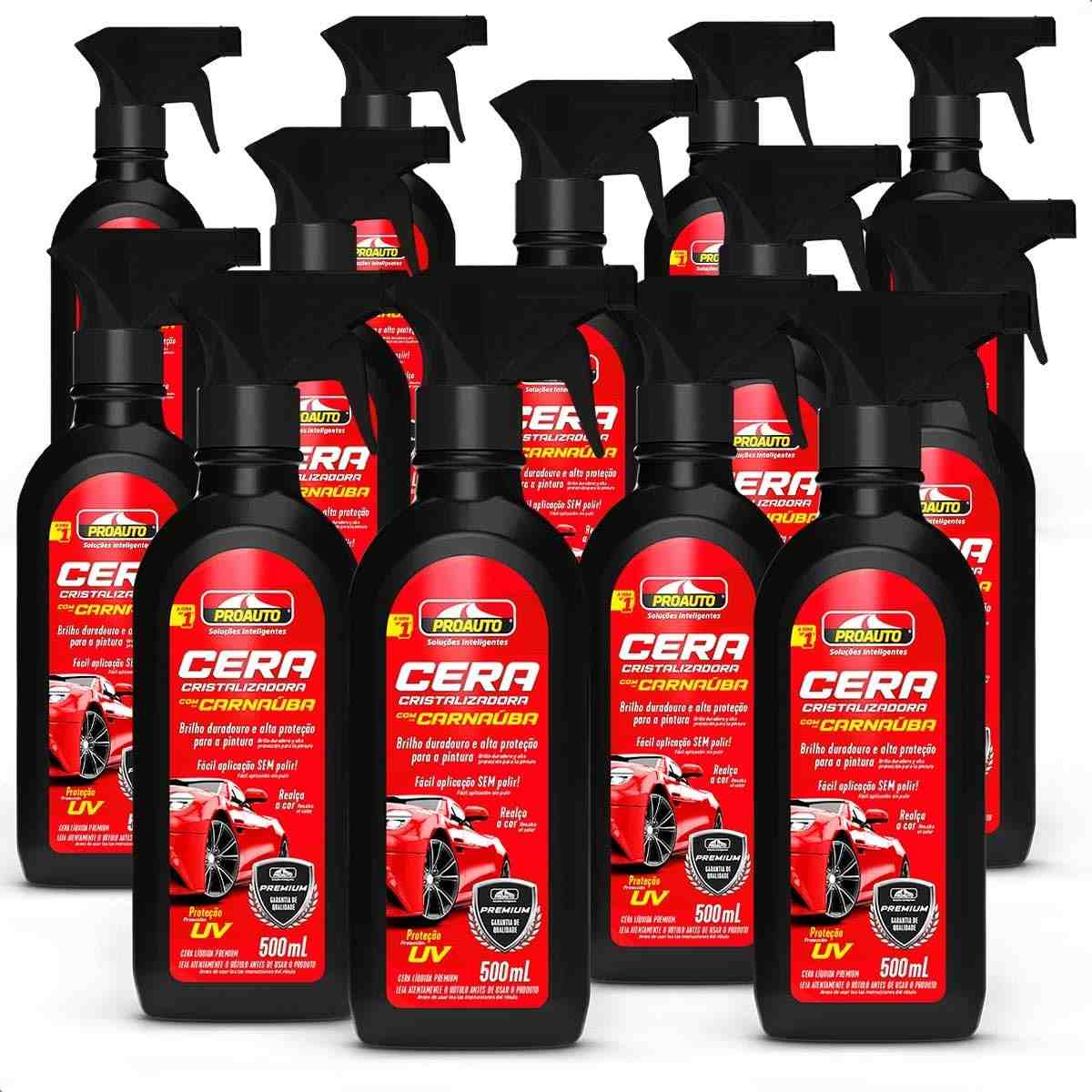 KIT 12 Ceras Cristalizadora Líquida com Carnaúba - Proteção UV para Carros - 500ml
