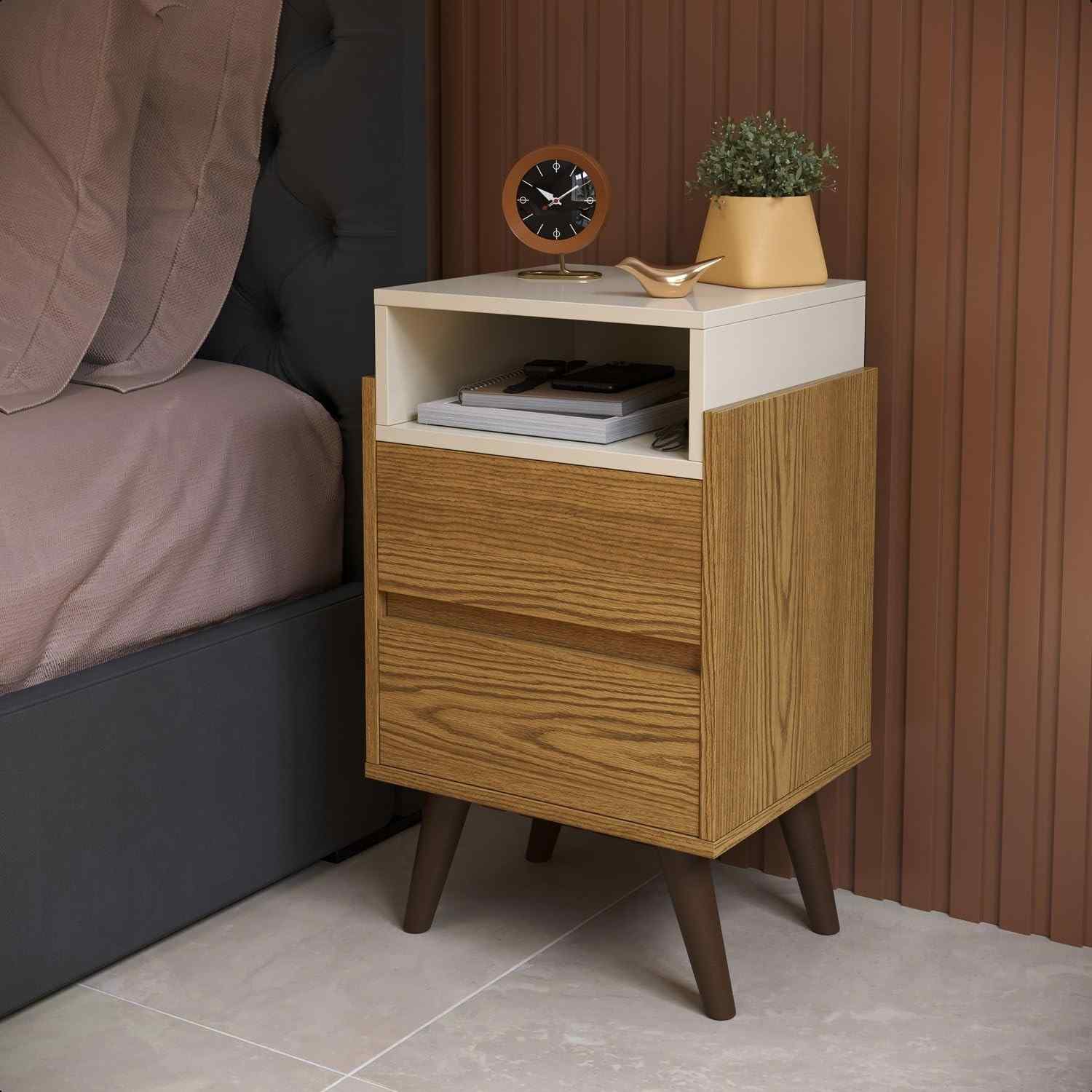 Mesa de Cabeceira Verona com 2 Gavetas em Freijó e Off White - Design Moderno com Pés Palito