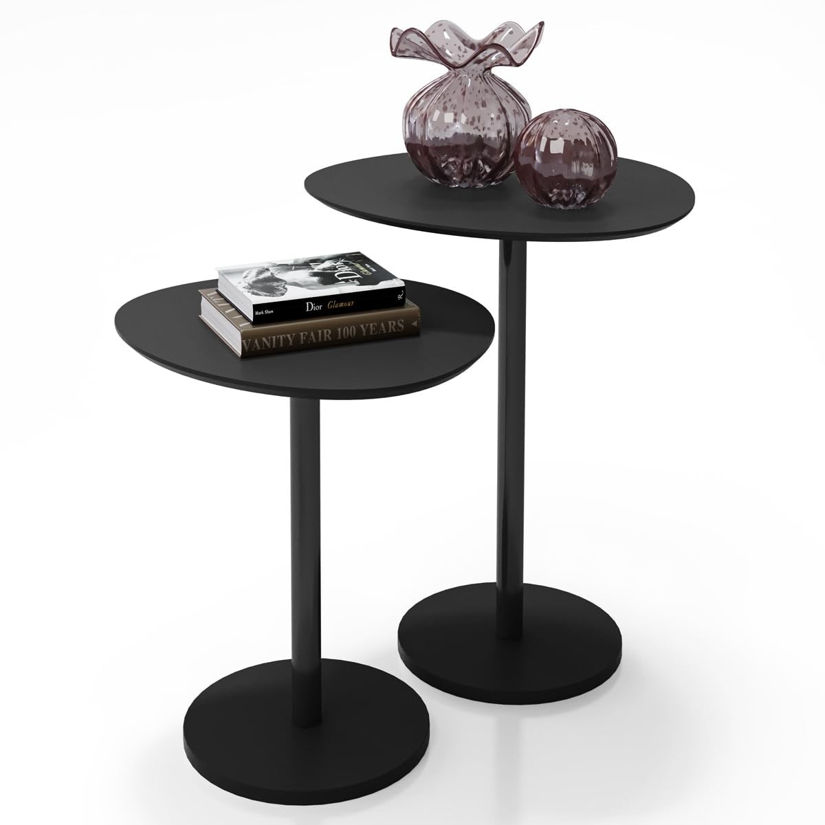 Conjunto de Mesa Lateral Vitta Haste Preta em Aço com Design Orgânico - LH Móveis