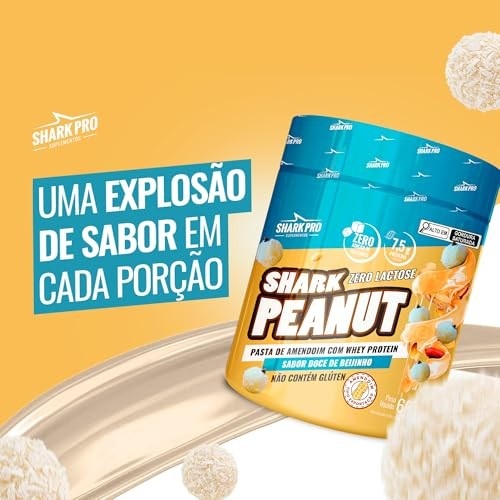 Shark Pro Pasta de Amendoim Gourmet Sabor Beijinho com Whey Protein Shark Peanut - 7,5g de Proteína - Zero Glúten, Zero Lactose, Zero Adição de Açúcares - Pote 600g