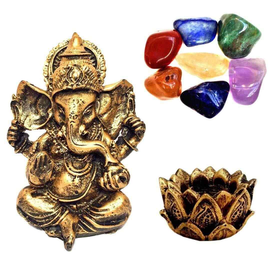 Combo Estátua de Ganesha + Castiçal Flor de Lótus + 7 Pedras dos Chakras - Equilíbrio Energético e Harmonia
