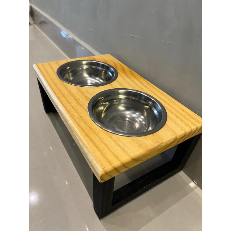 Comedouro Duplo Elevado para Pets - Madeira e Inox
