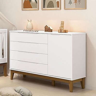 Cômoda Elfe Branco Acetinado com 4 Gavetas e Porta - Reller