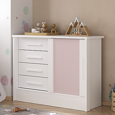 Cômoda Infantil Maya com 1 Porta e 4 Gavetas – Rosa/Branco