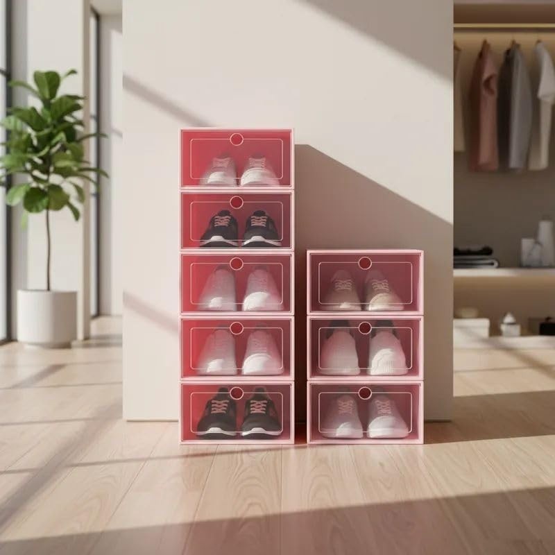 Kit 10 Caixas Organizadoras para Sapatos Empilháveis - Transparentes e Compactas (Rosa)