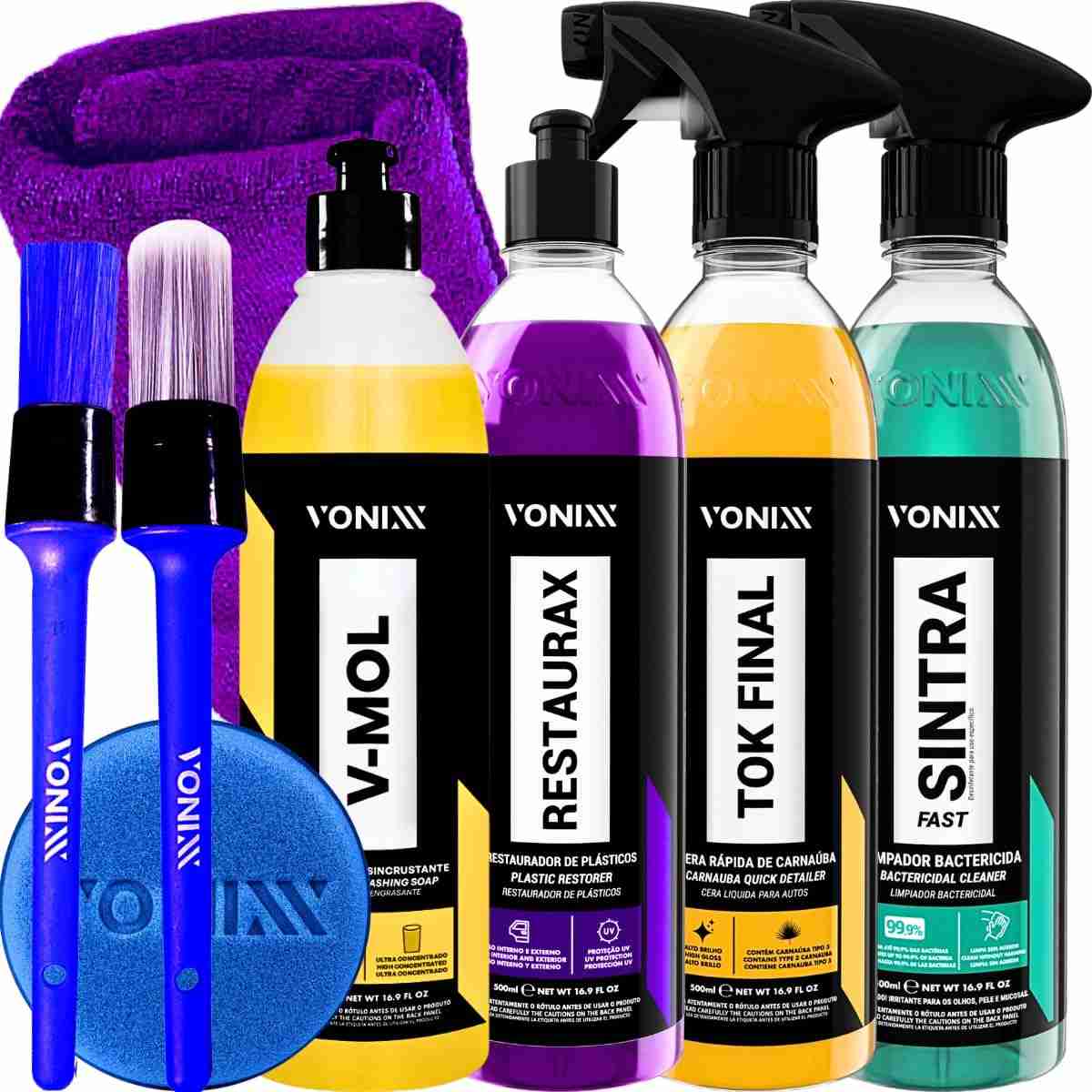 Kit Completo Lavagem Automotiva Vonixx: Cera Carnaúba Tok Final, V-Mol e Restaurax Sintra Fast para Carro, Moto e Bike!