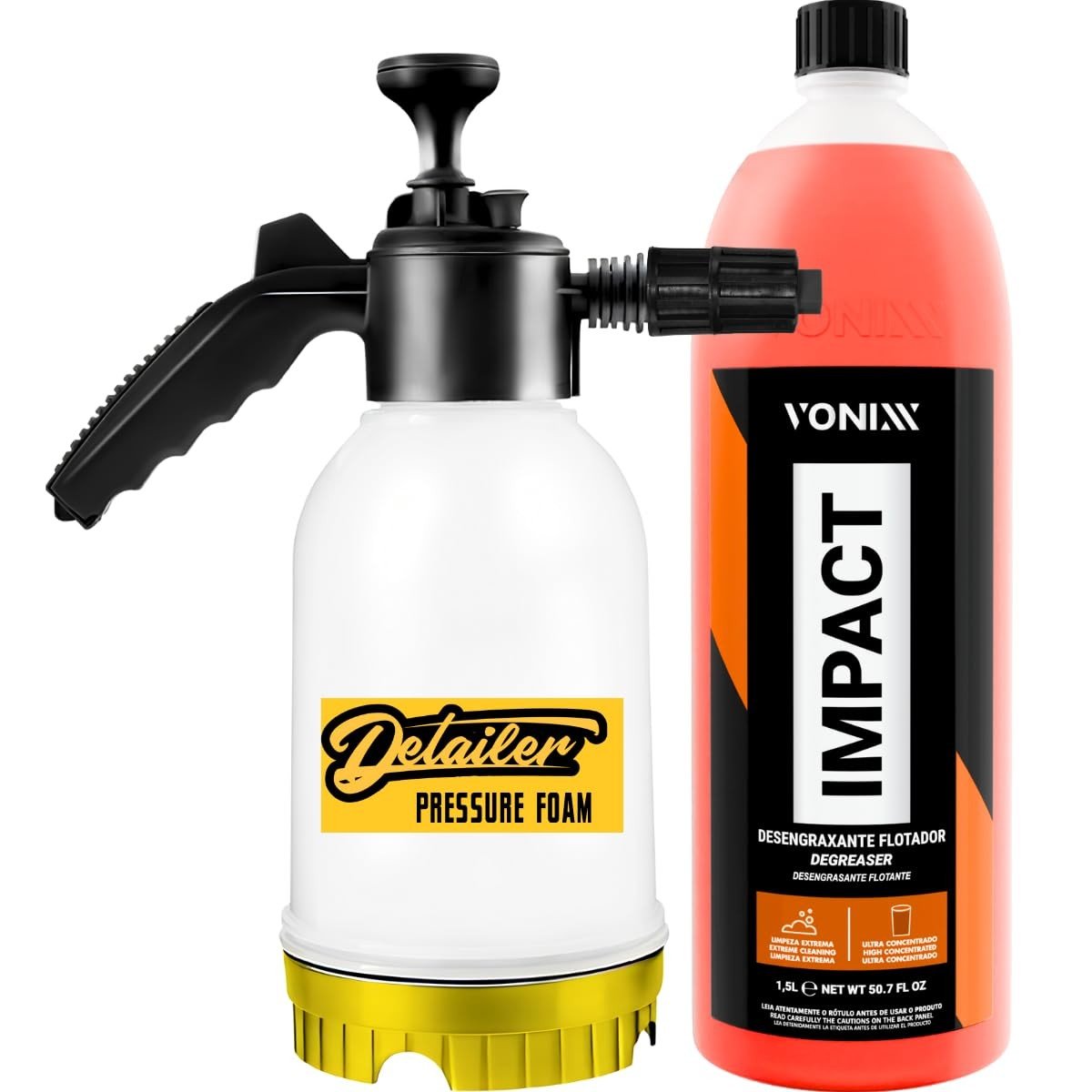 Kit Pulverizador Manual + Snow Foam Detailer 2L + Impact 1,5L Vonixx - Completo para Limpeza Automotiva