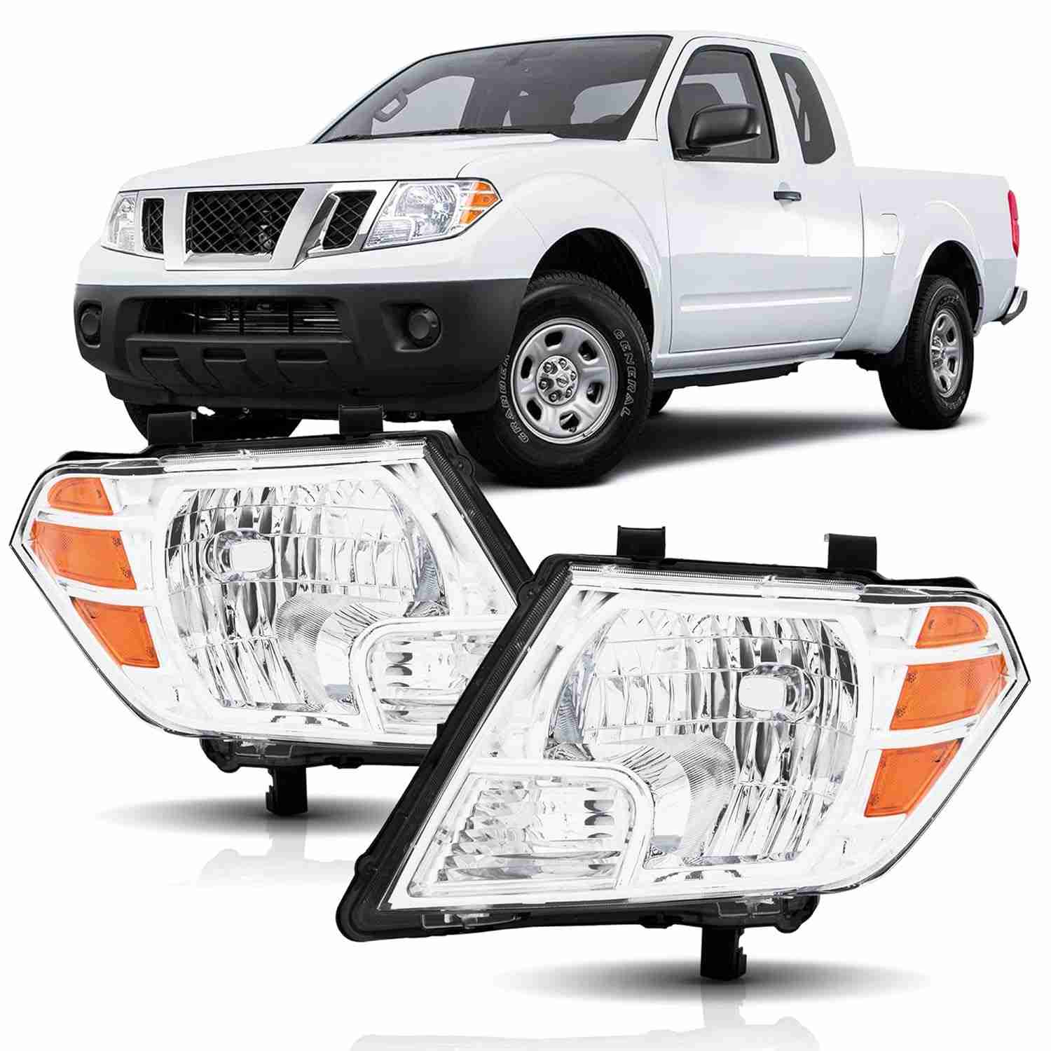 Faróis Nissan Frontier 2009-2021: Kit Completo Lado Motorista e Passageiro - Caixa Cromada Âmbar
