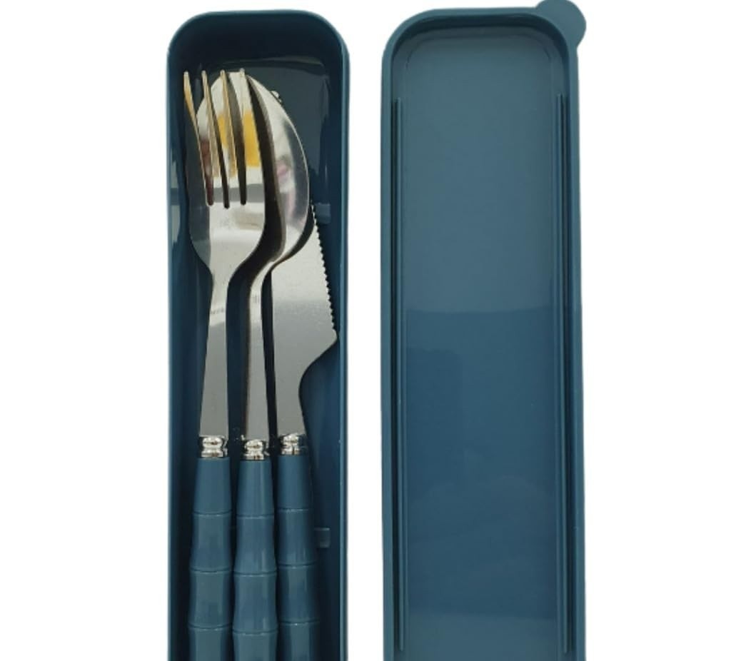 Jogo de Talher com Estojo Inox 3 Peças Azul - Conjunto Completo para Marmita
