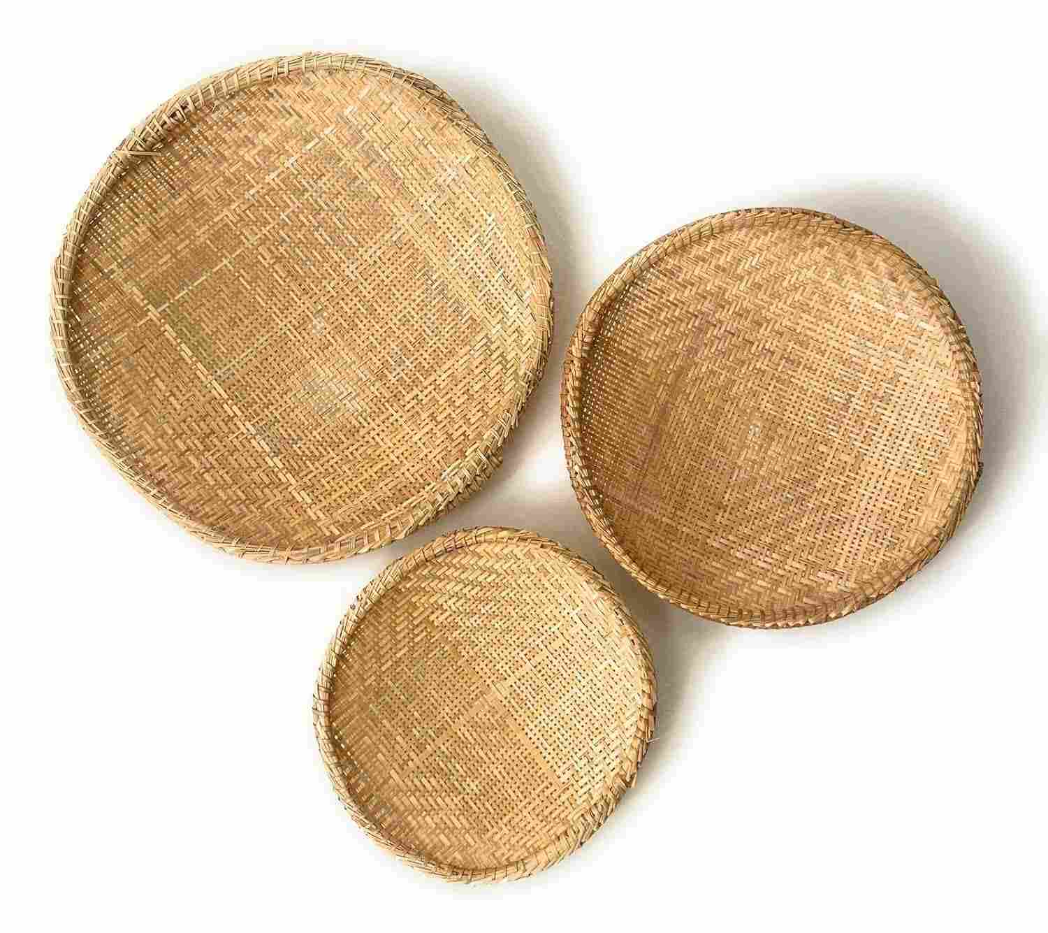 Peneiras de Palha Decorativas Artesanais - Composição de Parede 3 Peças com Estilo Natural