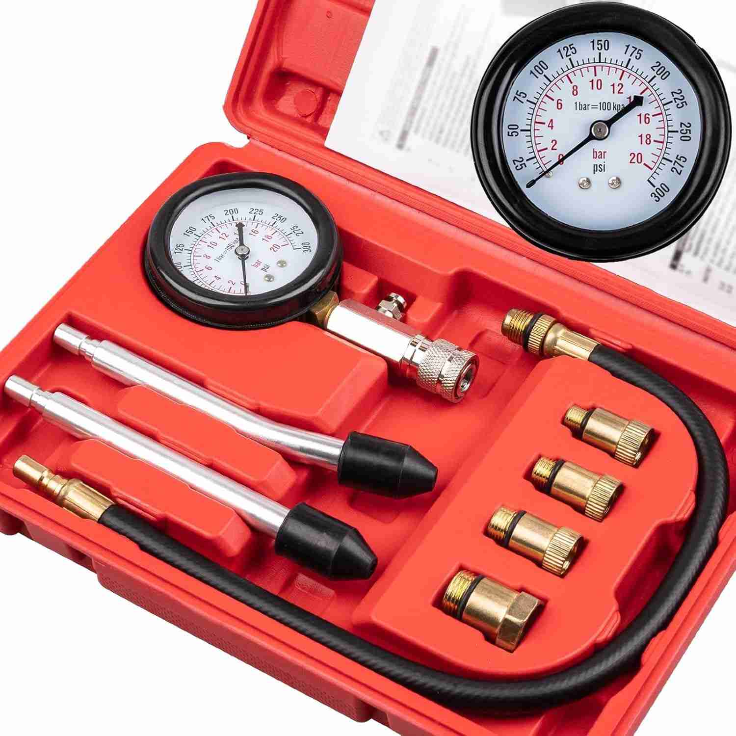 Kit Testador de Compressão de Cilindro a Gasolina 8 Peças - Precisão 0-300Psi