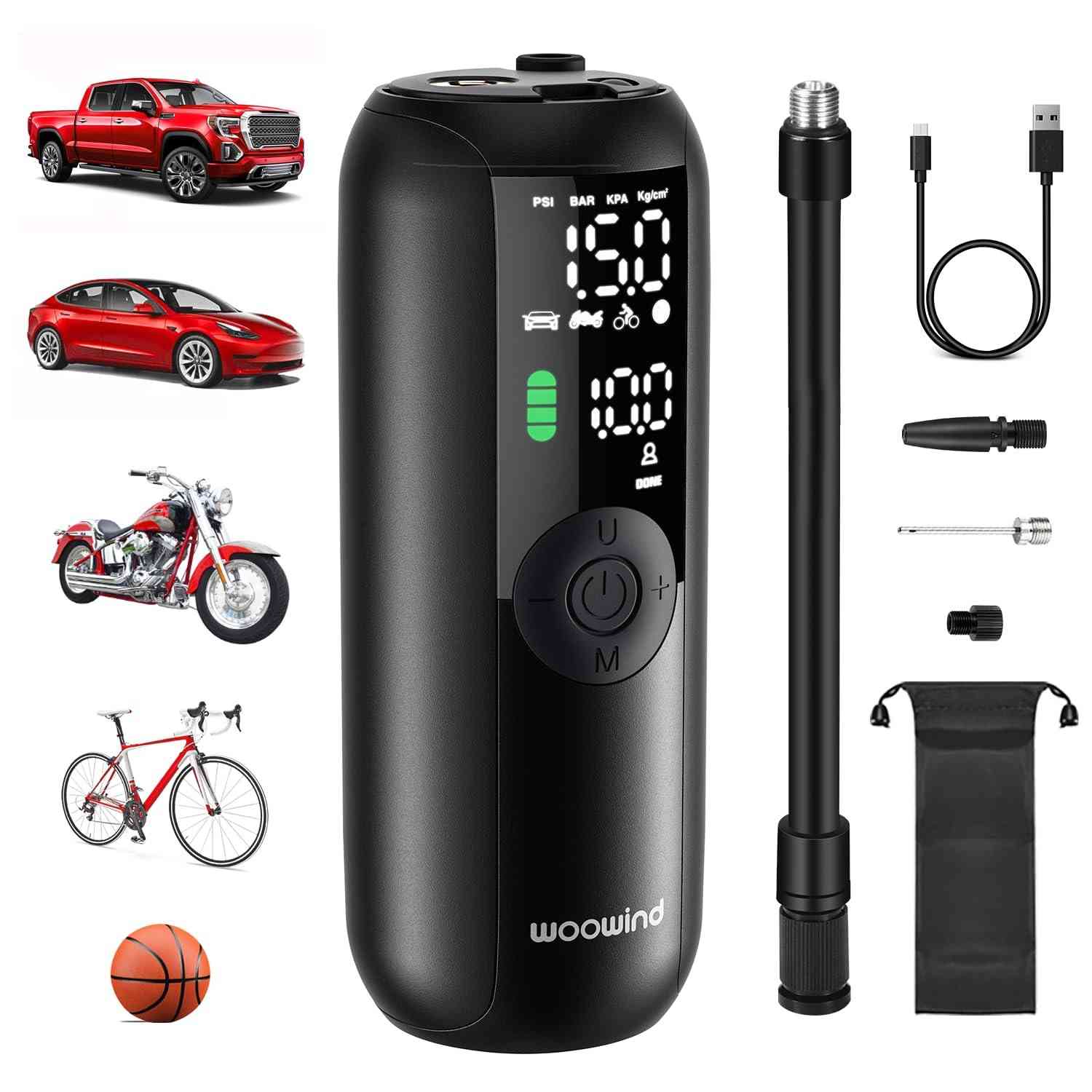 Woowind LP1: Compressor de Ar Portátil 150PSI para Carros e Bicicletas com Desligamento Automático