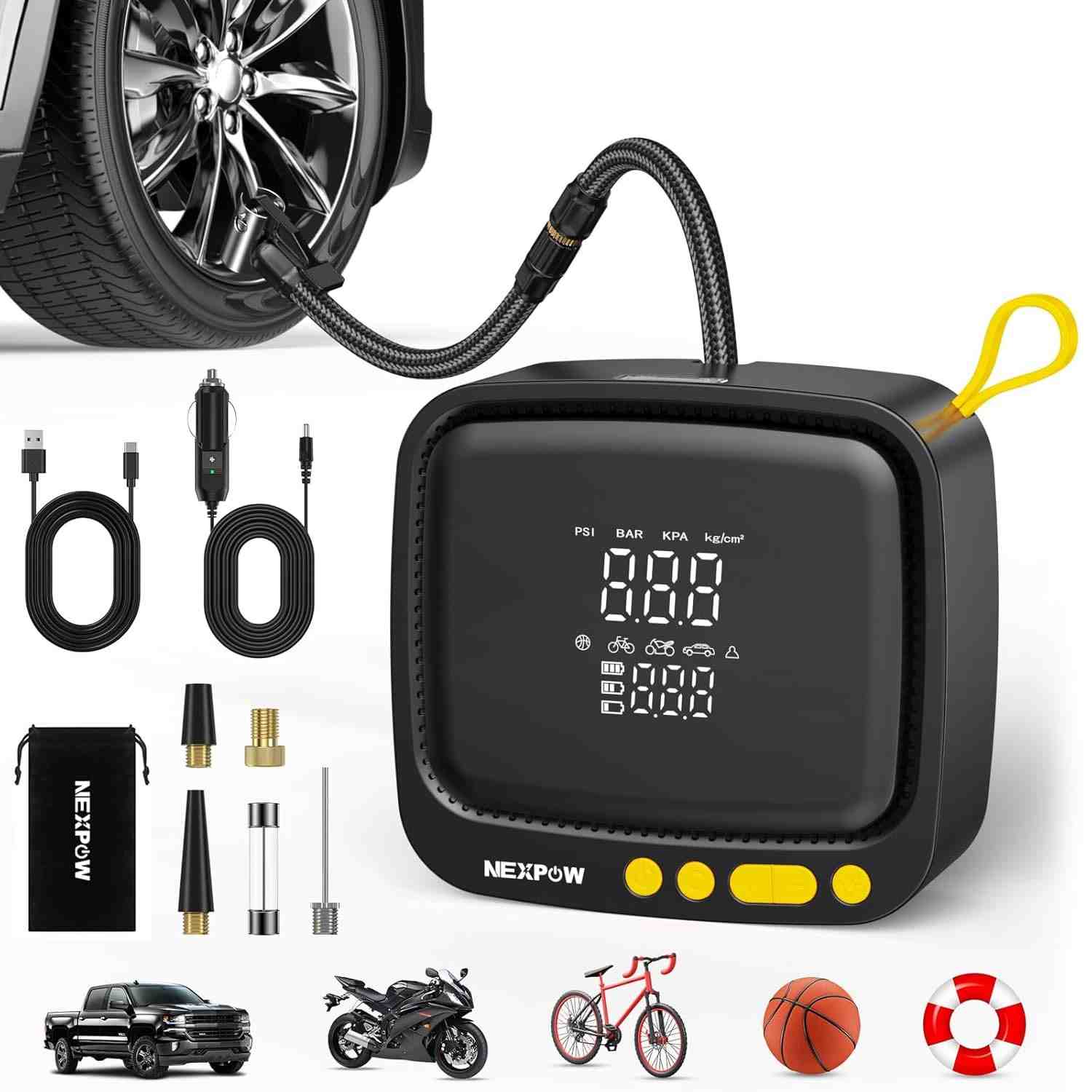 NEXPOW Compressor de Ar Portátil 180 PSI: Inflador Sem Fio com Medidor Digital e Desligamento Automático