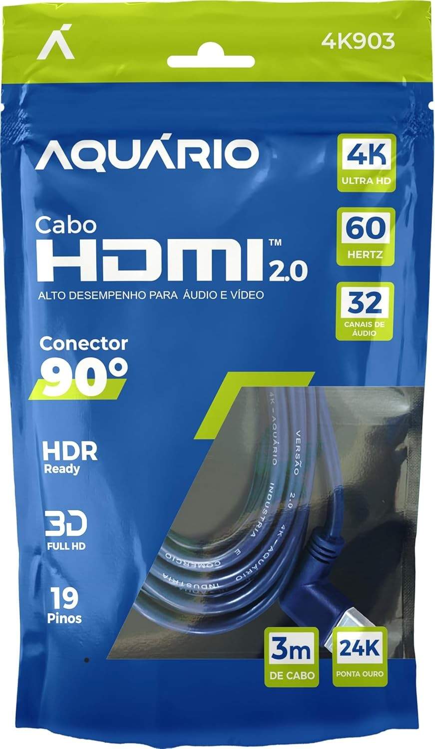 Cabo HDMI 90° 2.0 4K 3D 3 Metros - Conexão Premium com Ângulo Inovador