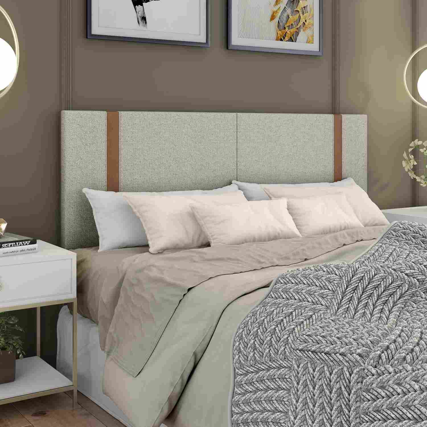 Cabeceira Queen 1.60m em Linho com Detalhe em Couro - Estilo e Conforto para Seu Quarto