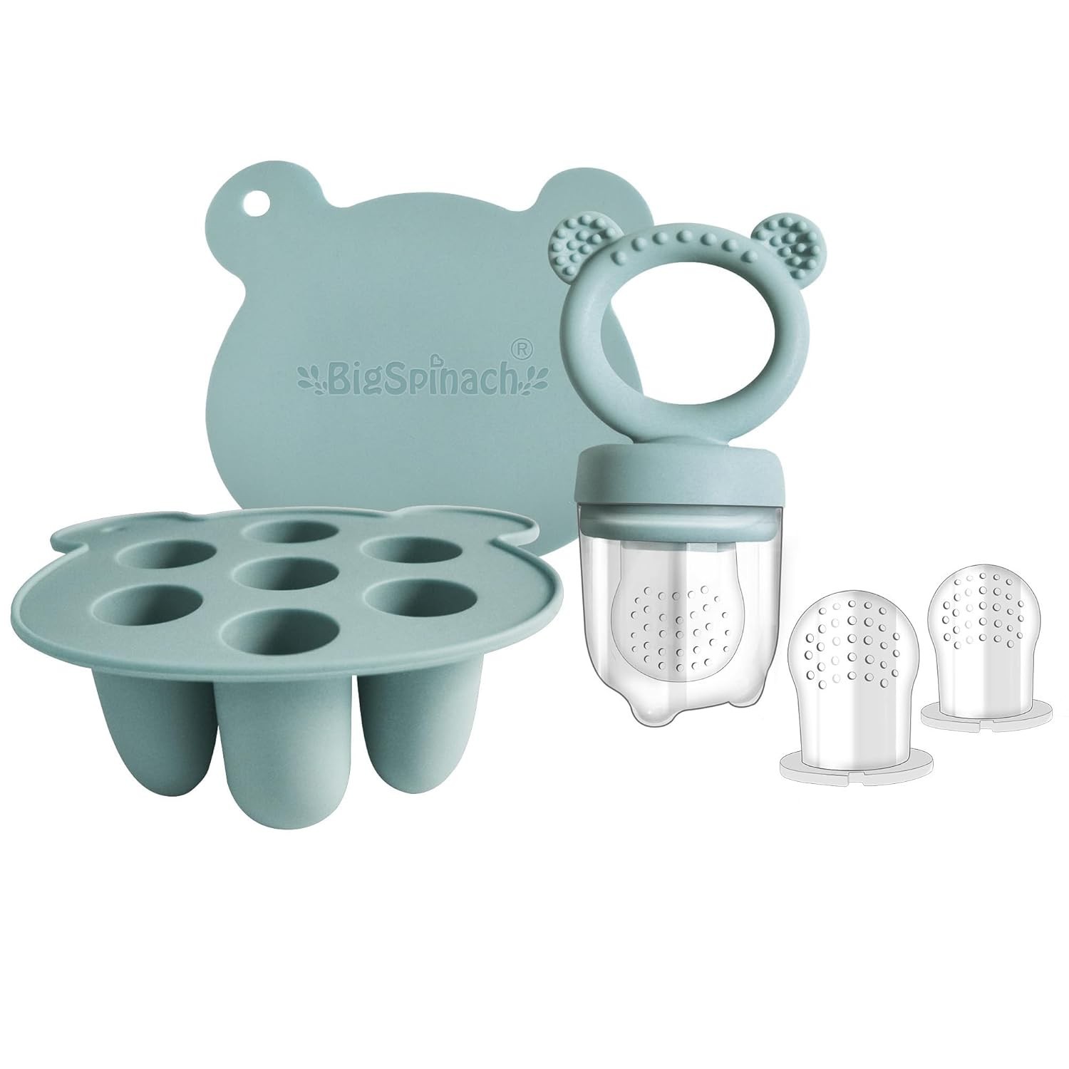 Bandeja de Silicone para Congelador de Alimentos para Bebês - Moldes de Picolé + Alimentador de Frutas + Mordedor Leite Materno