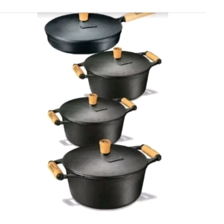 Conjunto 3 Panelas + 1 Frigideira Ferro Fundido com Tampas Craqueadas