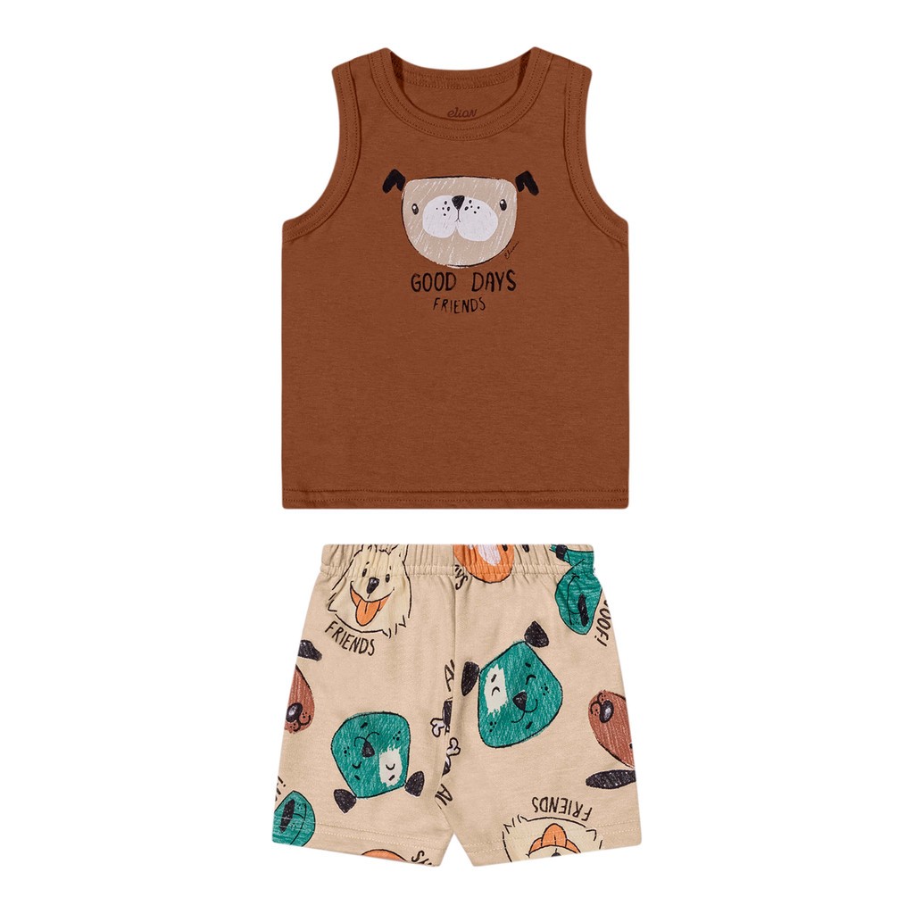 Conjunto Bebê Menino Cachorrinhos Elian: Regata e Bermuda Marrom