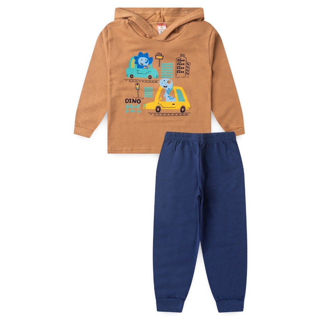 Conjunto Bebê Moletom Estampado com Capuz e Calça Lisa