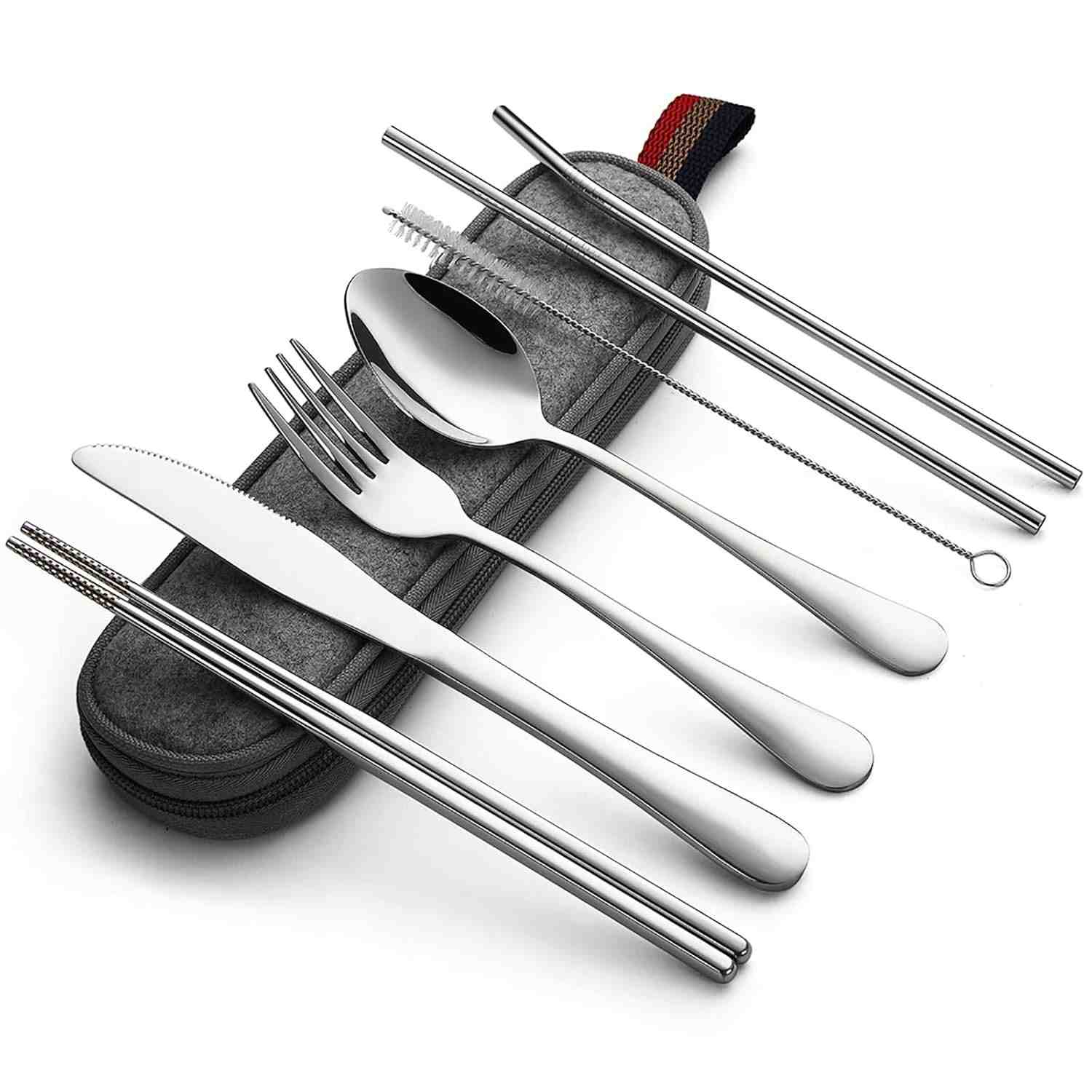 Conjunto de Talheres de Acampamento DEVICO - 8 Peças em Aço Inoxidável com Estojo Portátil