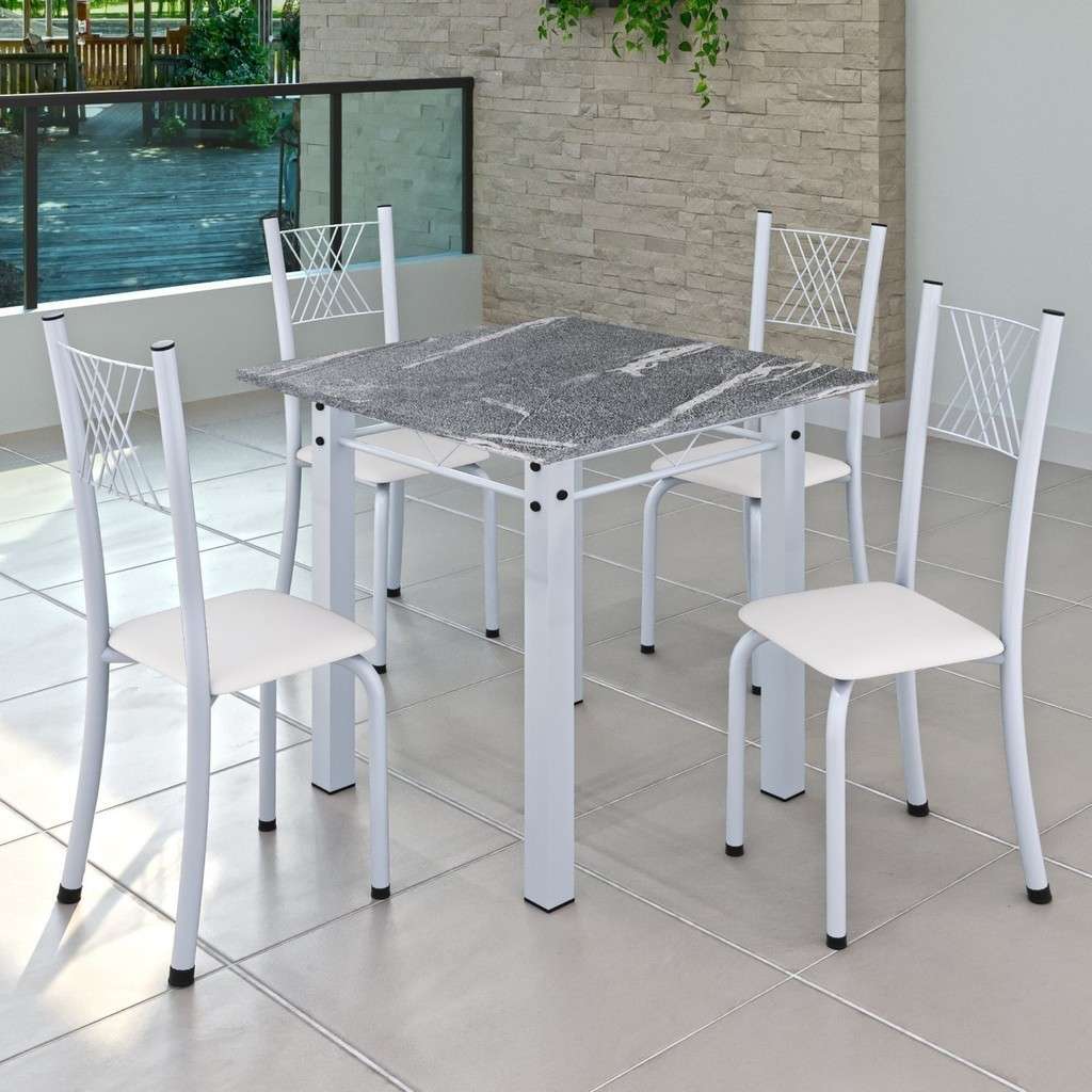 Conjunto de Jantar com Mesa de Granito e 4 Cadeiras Brancas