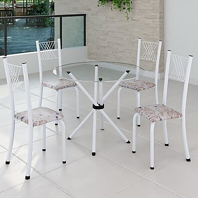 Conjunto de Jantar com Mesa Redonda de Vidro e 4 Cadeiras Bege/Branco
