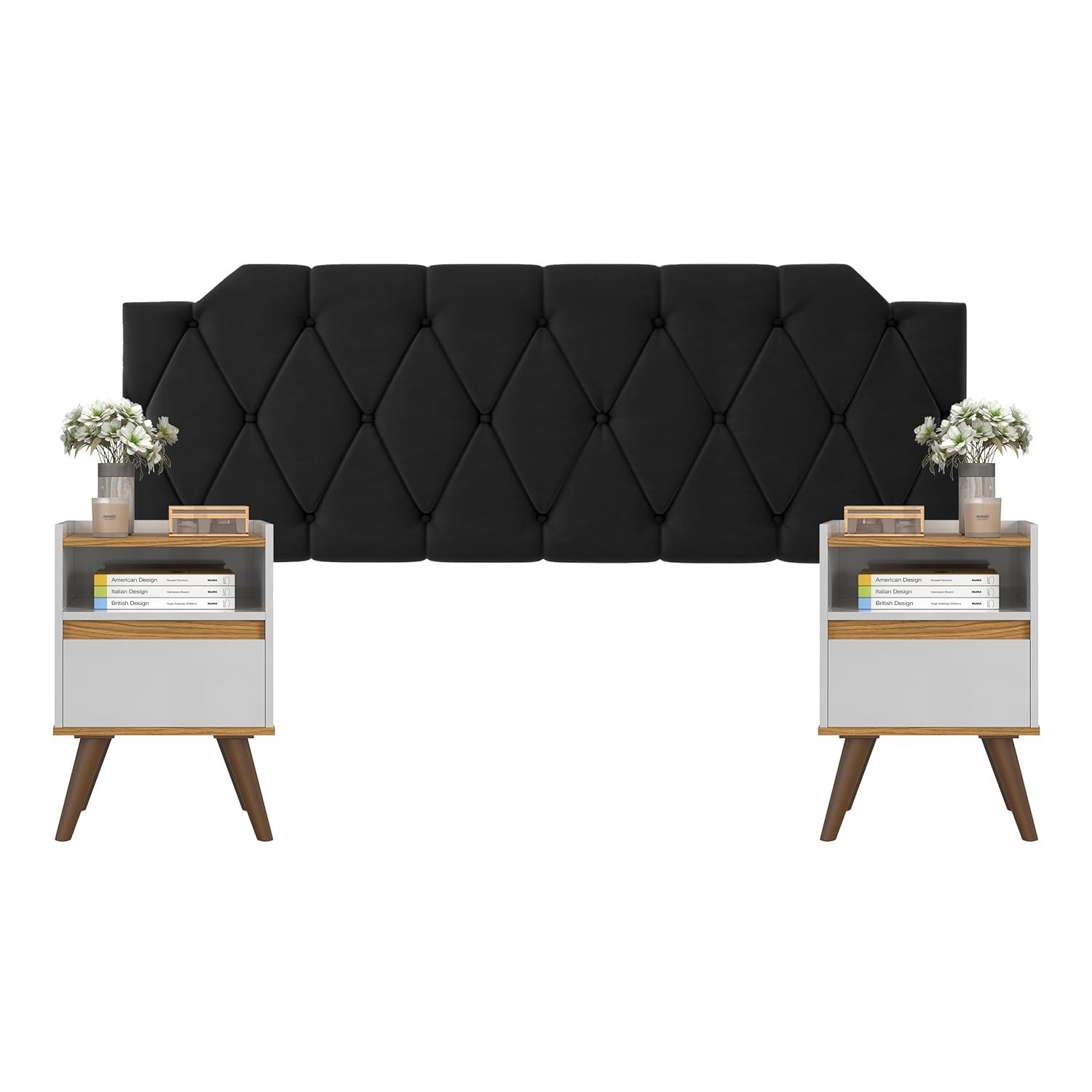 Conjunto Mesa de Cabeceira com Gaveta + Cabeceira Estofada para Cama Queen Size - Design Moderno em Preto