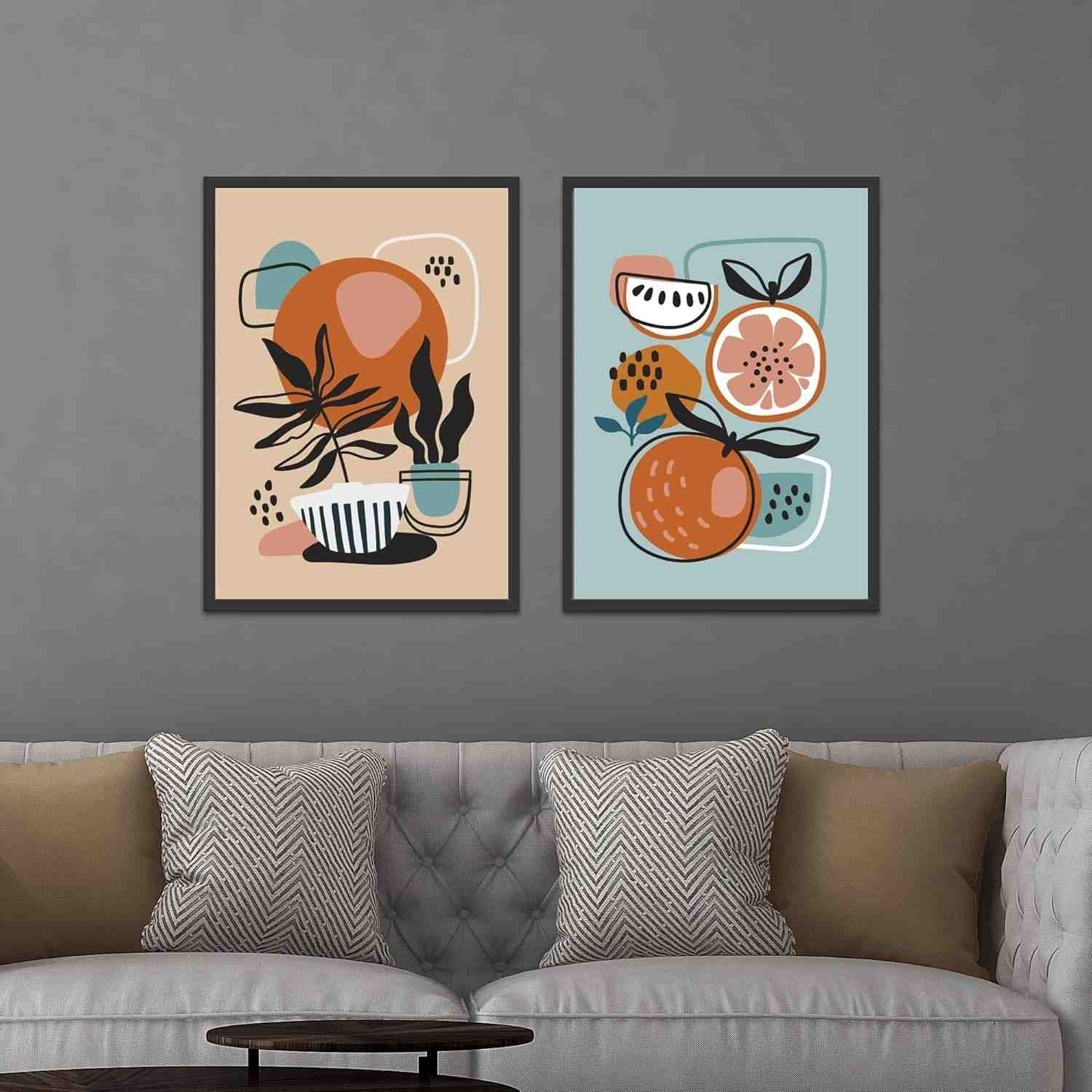 Quadros Decorativos com Moldura para Cozinha - Frutas Abstratas | Conjunto Moderno e Elegante