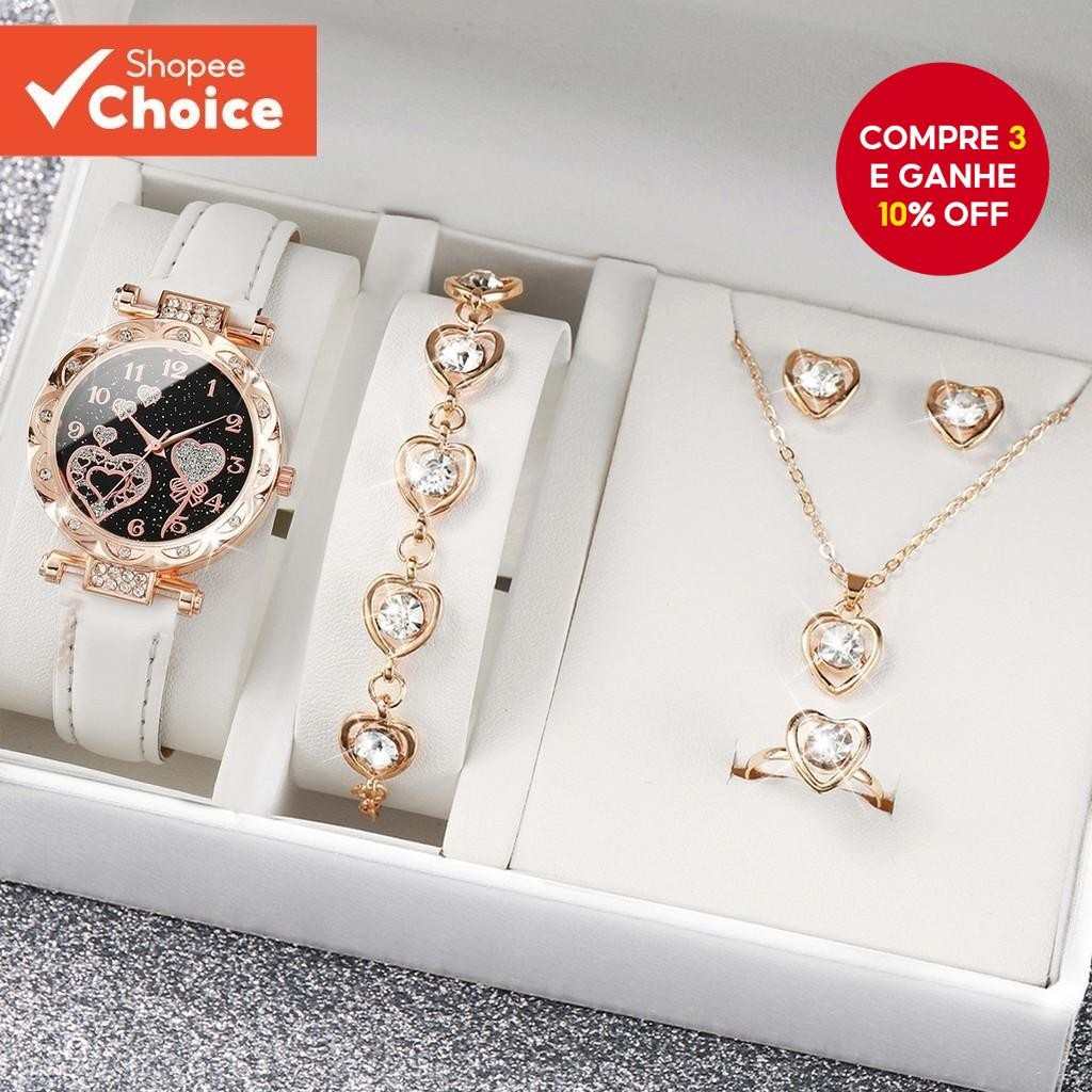 Conjunto Elegante: Relógio Coração + Joias Diamante