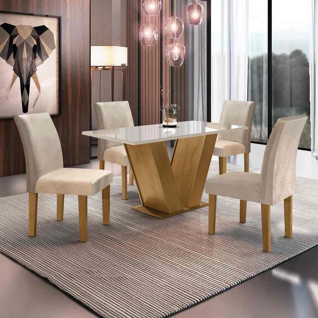 Conjunto Espanha: Mesa Vidro + 4 Cadeiras Ypê/Off White