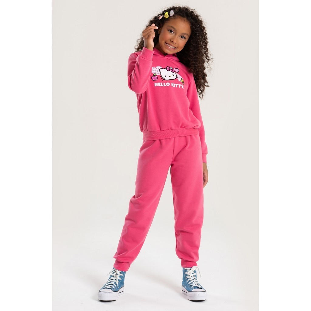 Conjunto Feminino Infantil Hello Kitty Rosa - Moletom Poá