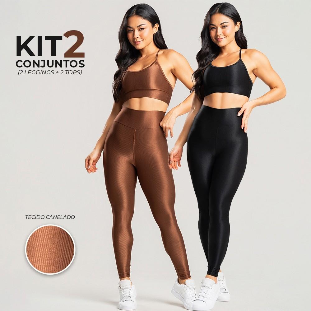Conjunto Fitness Brilhoso: 2 Tops + 2 Leggings