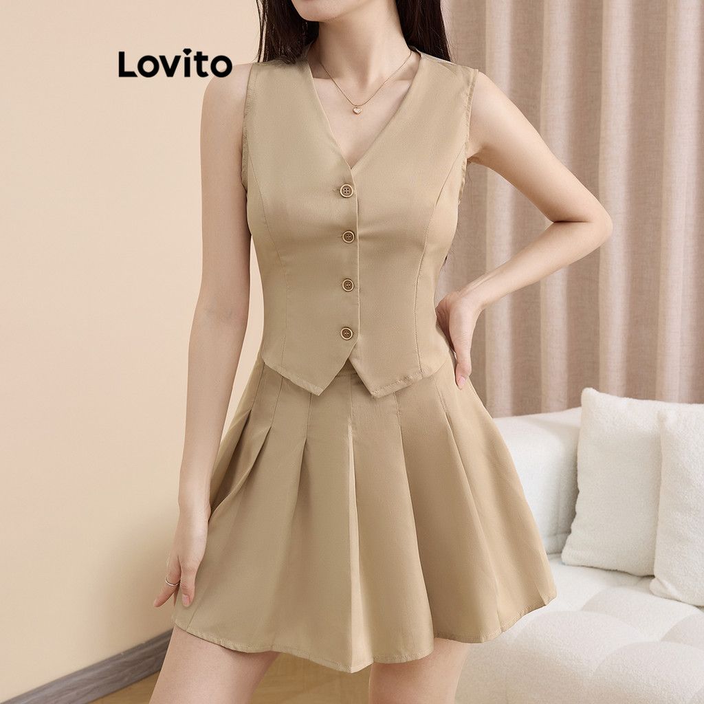 Conjunto Lovito Saia Casual com Botões e Calças Plissadas