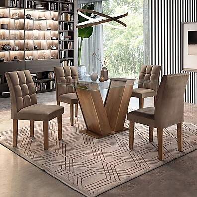 Conjunto Sala de Jantar com Mesa de Vidro e 4 Cadeiras Estofadas