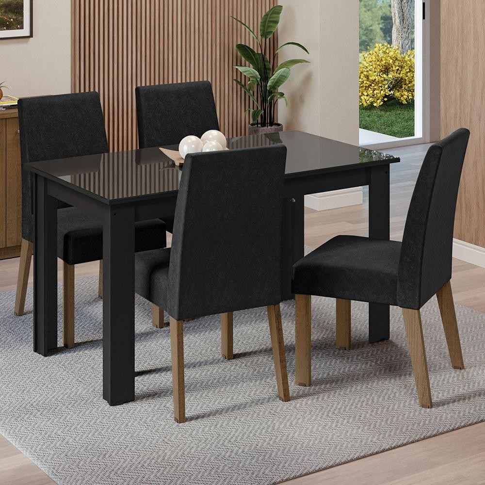 Conjunto Sala de Jantar com Mesa de Vidro e 4 Cadeiras Preto/Oxford Antônia Madesa