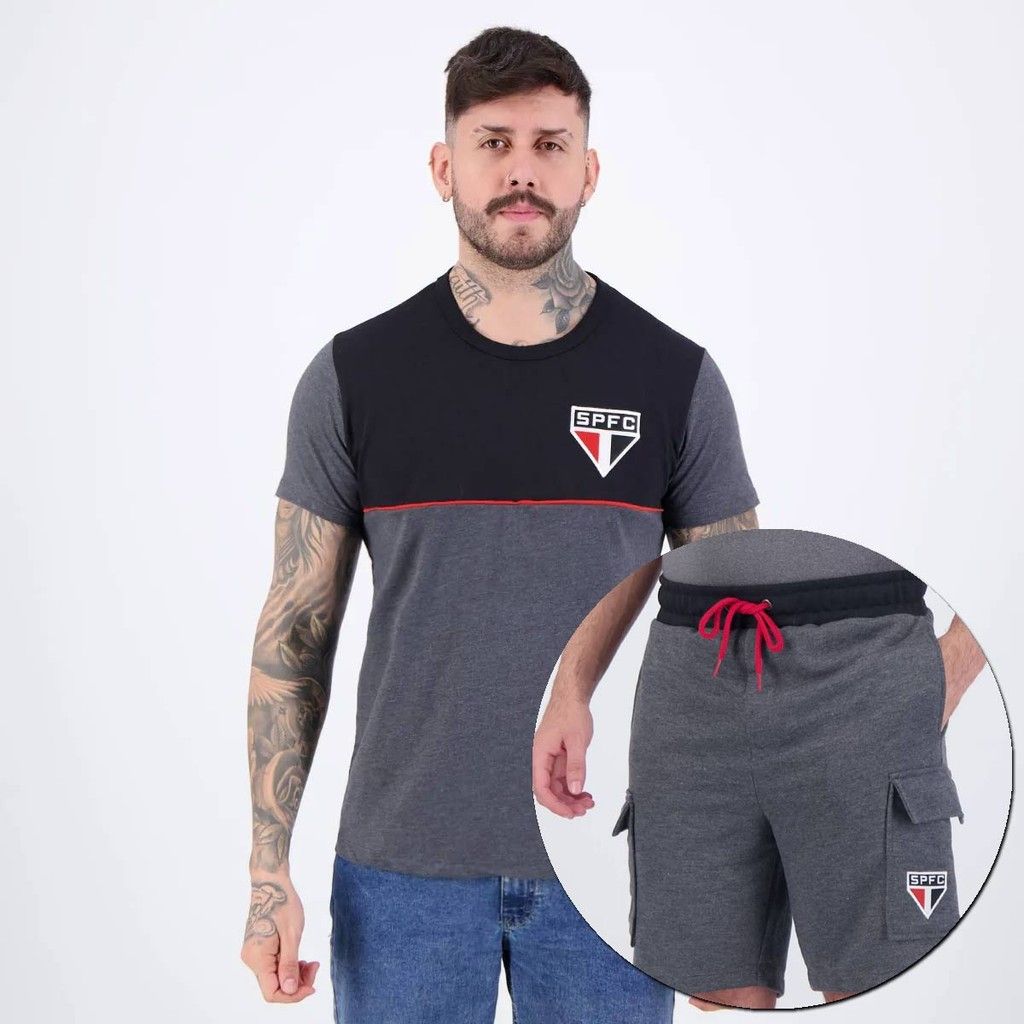 Conjunto São Paulo: Camisa e Bermuda (Preto/Cinza)
