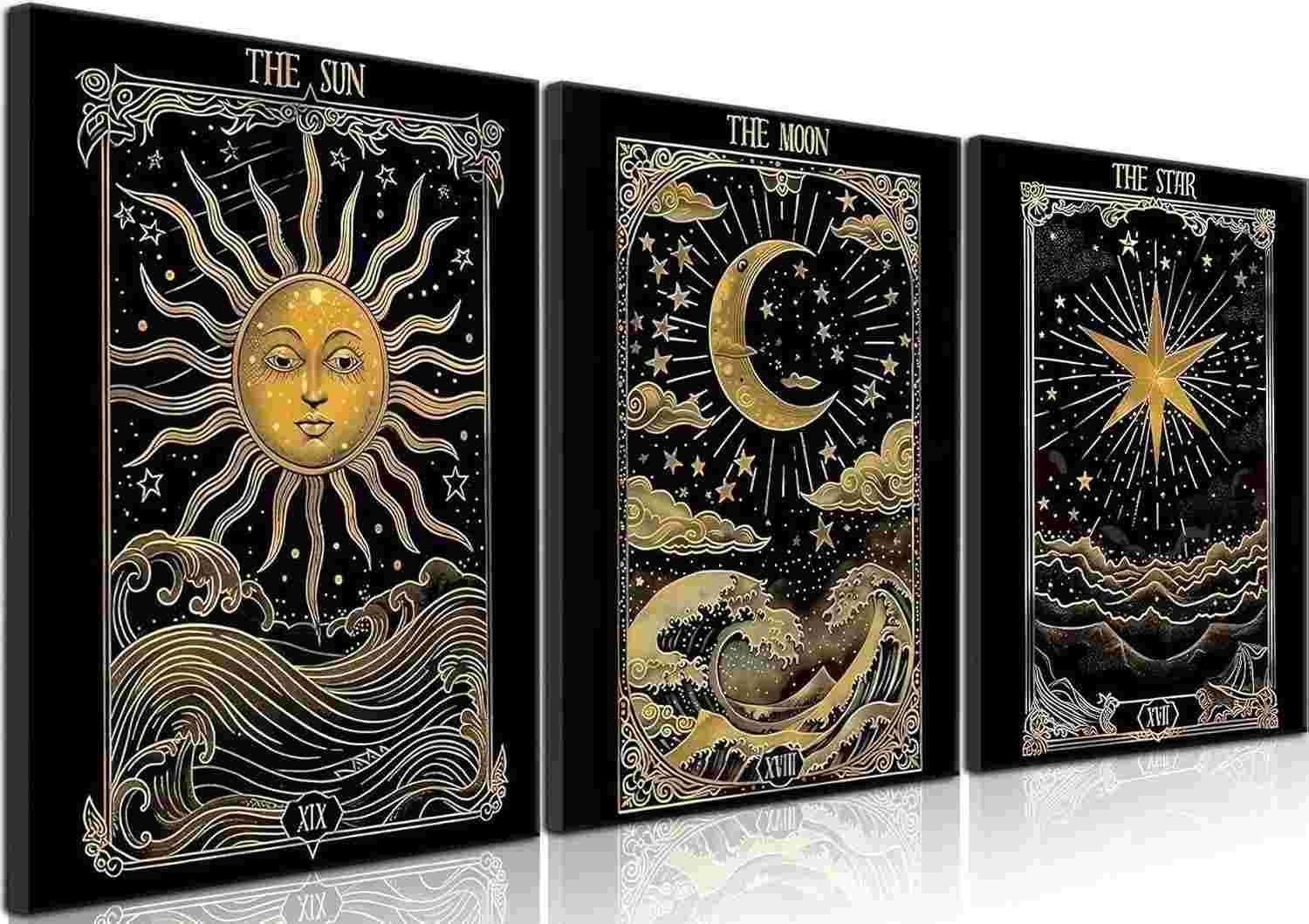 Conjunto de 3 Quadros de Arte de Parede Celestial - Tarô e Astrologia para Decoração Mística