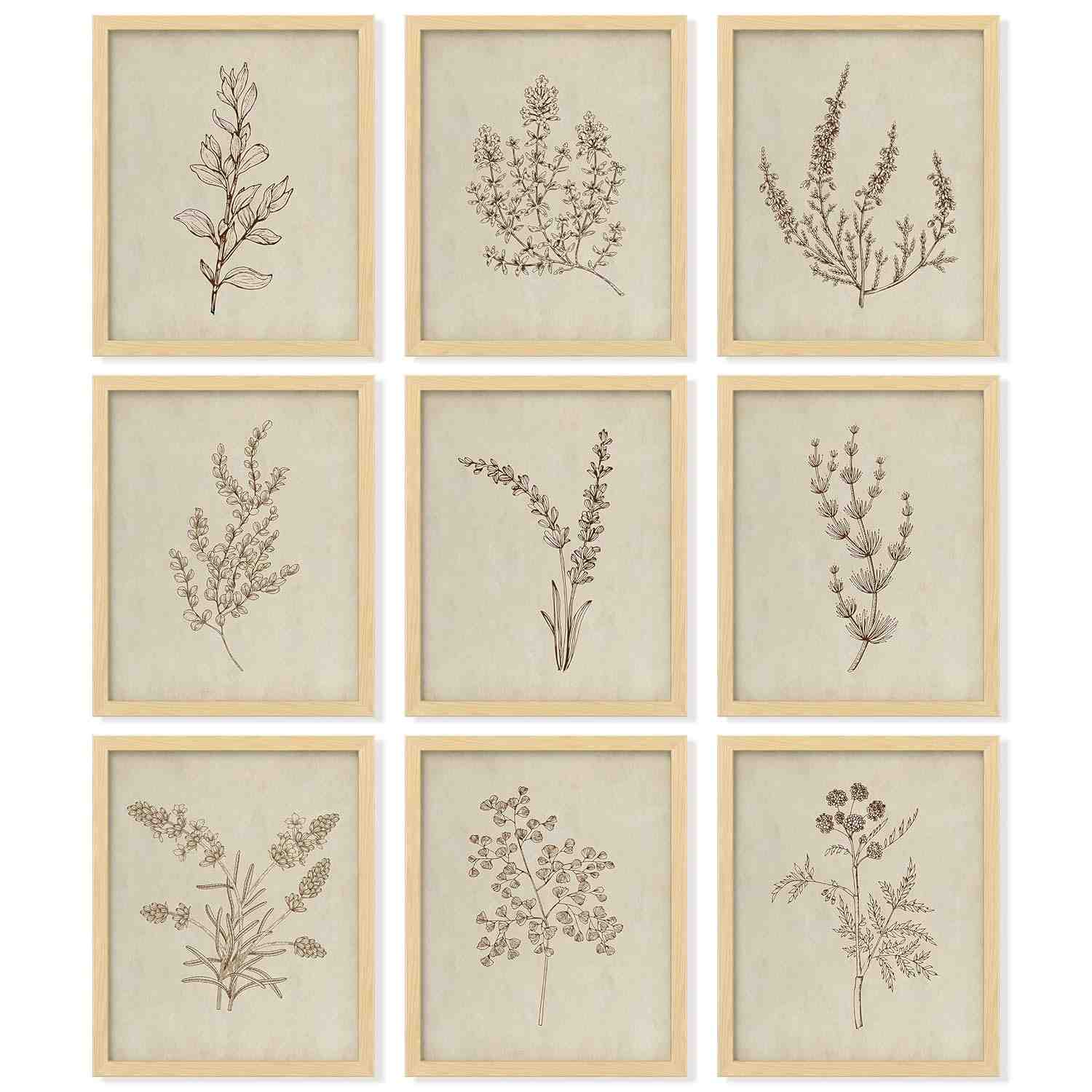 Arte de Parede Botânica Vintage | Conjunto de 9 Pôsteres Neutros 20x25cm | Decoração Floral Minimalista para Quarto e Sala
