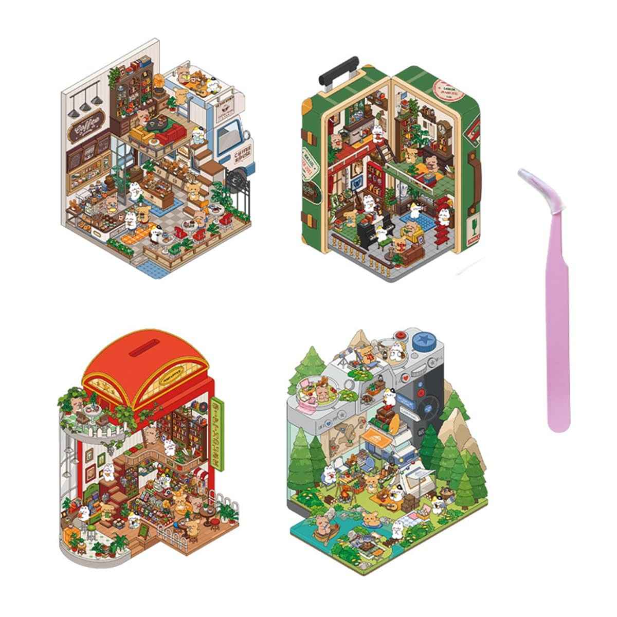 4 Conjuntos DIY 3D Mini House Scenes - Adesivos Decorativos com Pinça para Montagem Criativa