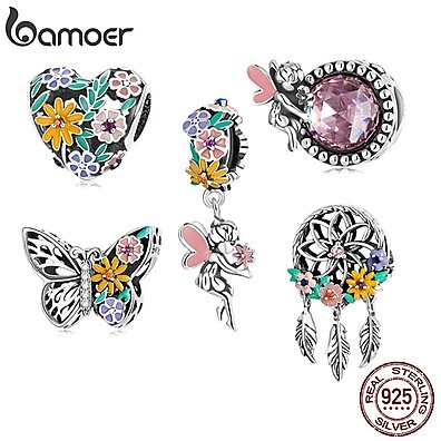 Contas de Prata Bamoer 925: Flores e Borboletas