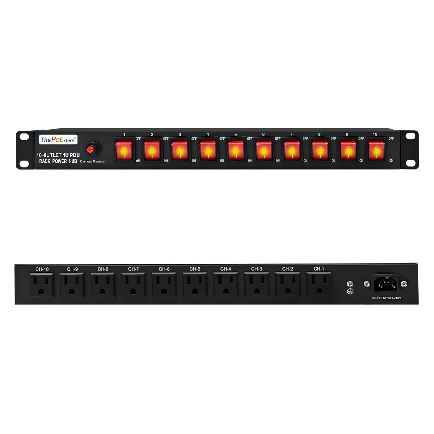 PDU Horizontal 1U ThePoEstore: 10 Tomadas, Proteção contra Surtos e LEDs Individuais para Rack